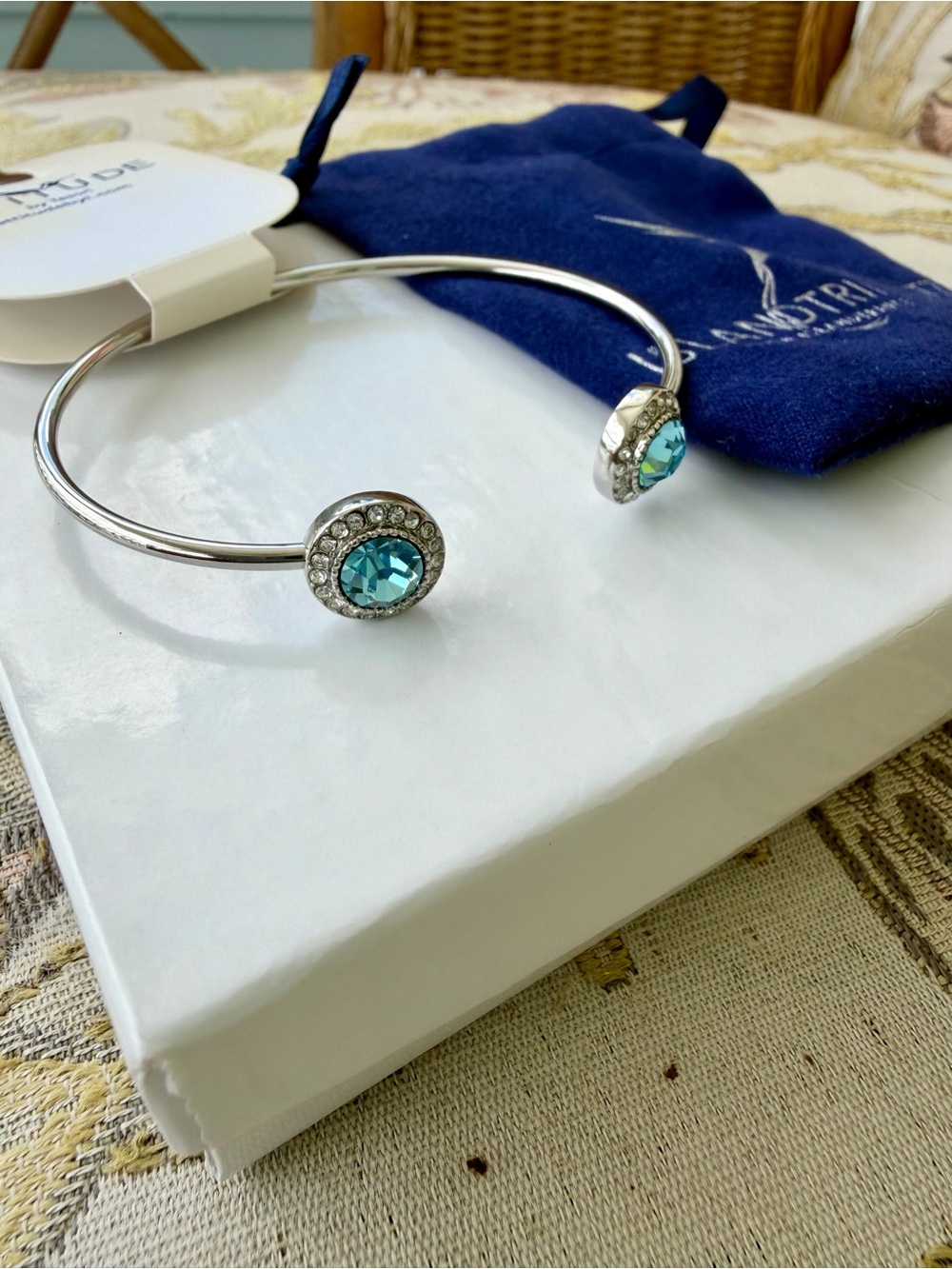 Silver Open Cuff Bracelet with Aqua Crystal Accents